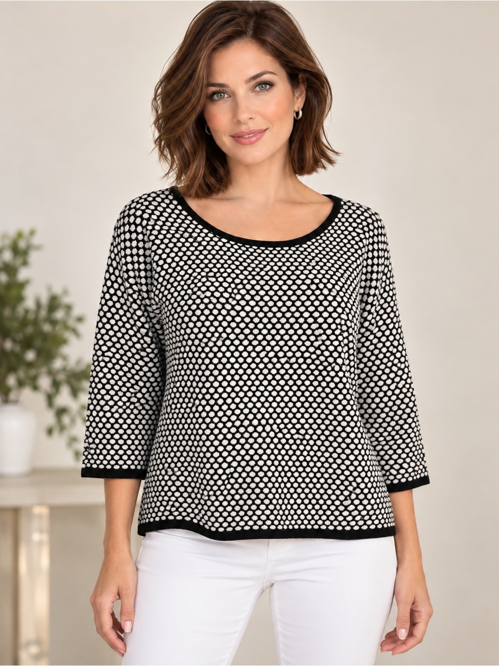 Express Black & White Open-Weave Crewneck Sweater